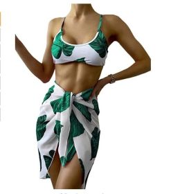 3 Piece Leaf Print Bikini Set Beach Bathing Suit Cover Up (Color: Green, size: S)