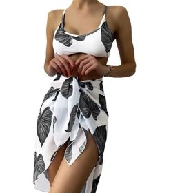 3 Piece Leaf Print Bikini Set Beach Bathing Suit Cover Up (Color: Black, size: M)