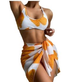 3 Piece Leaf Print Bikini Set Beach Bathing Suit Cover Up (Color: Orange, size: L)