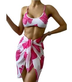 3 Piece Leaf Print Bikini Set Beach Bathing Suit Cover Up (Color: Rose, size: XL)