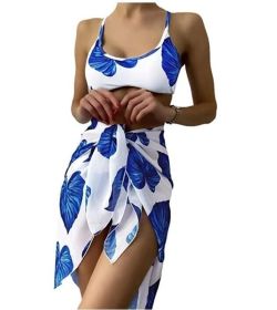 3 Piece Leaf Print Bikini Set Beach Bathing Suit Cover Up (Color: Blue, size: XL)