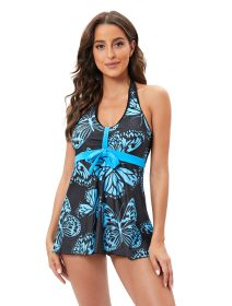 Flower Print Twone Piece Bathing Suit Skirted Swimsuits (Color: Blue 01, size: M)