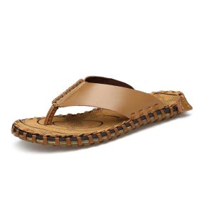 Men Flip Flops Leather Summer Designer Men's Slippers Outdoor Sandals Lightweight Mens Slides Casual Beach Shoes Zapatos Hombre (Color: Light Brown, size: 8)
