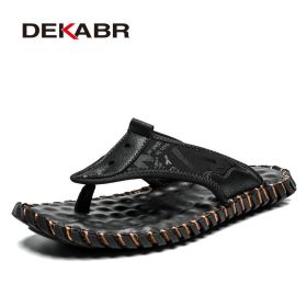 DEKABR Cow Leather Men Beach Slippers Fashion Flip Flops Soft Sole Trendy Comfortable Outside Slippers High Quality Summer Shoes (Color: Black, size: 14)