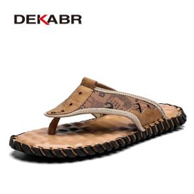 DEKABR Cow Leather Men Beach Slippers Fashion Flip Flops Soft Sole Trendy Comfortable Outside Slippers High Quality Summer Shoes (Color: Brown, size: 10)
