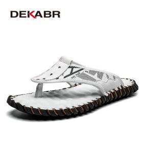 DEKABR Cow Leather Men Beach Slippers Fashion Flip Flops Soft Sole Trendy Comfortable Outside Slippers High Quality Summer Shoes (Color: White, size: 8.5)