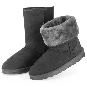 Women Ladies Snow Boots Waterproof Faux Suede Mid-Calf Boots Fur Warm Lining Shoes (Color: Grey)