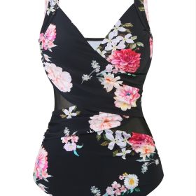 Plus Size Contrast Mesh Criss Cross One Piece Swimsuit; Women's Plus High Stretch V Neck Boho One Piece Beachwear (Color: Pink)