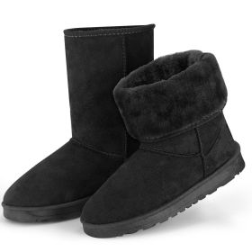 Women Ladies Snow Boots Waterproof Faux Suede Mid-Calf Boots Fur Warm Lining Shoes (Color: Black)