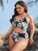 Plus Size Tie Dye Cut Out Knot Front One Piece Swimsuit; Women's Plus Modest High Stretch Swimsuit