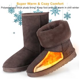 Women Ladies Snow Boots Waterproof Faux Suede Mid-Calf Boots Fur Warm Lining Shoes (Color: Chocolate)