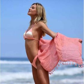 2023 Cute Women Boho Cover Up Sleeve Beach Dress Solid Cotton Beachwear Fringed Beach Clothing Shawl Seaside Vacation Apron S0 (Color: S01-Pink)