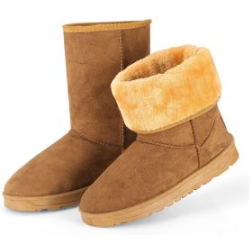 Women Ladies Snow Boots Waterproof Faux Suede Mid-Calf Boots Fur Warm Lining Shoes (Color: Chestnut)