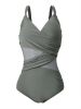 Plus Size Contrast Mesh Criss Cross One Piece Swimsuit; Women's Plus High Stretch V Neck Boho One Piece Beachwear