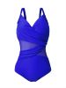 Plus Size Contrast Mesh Criss Cross One Piece Swimsuit; Women's Plus High Stretch V Neck Boho One Piece Beachwear