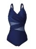 Plus Size Contrast Mesh Criss Cross One Piece Swimsuit; Women's Plus High Stretch V Neck Boho One Piece Beachwear